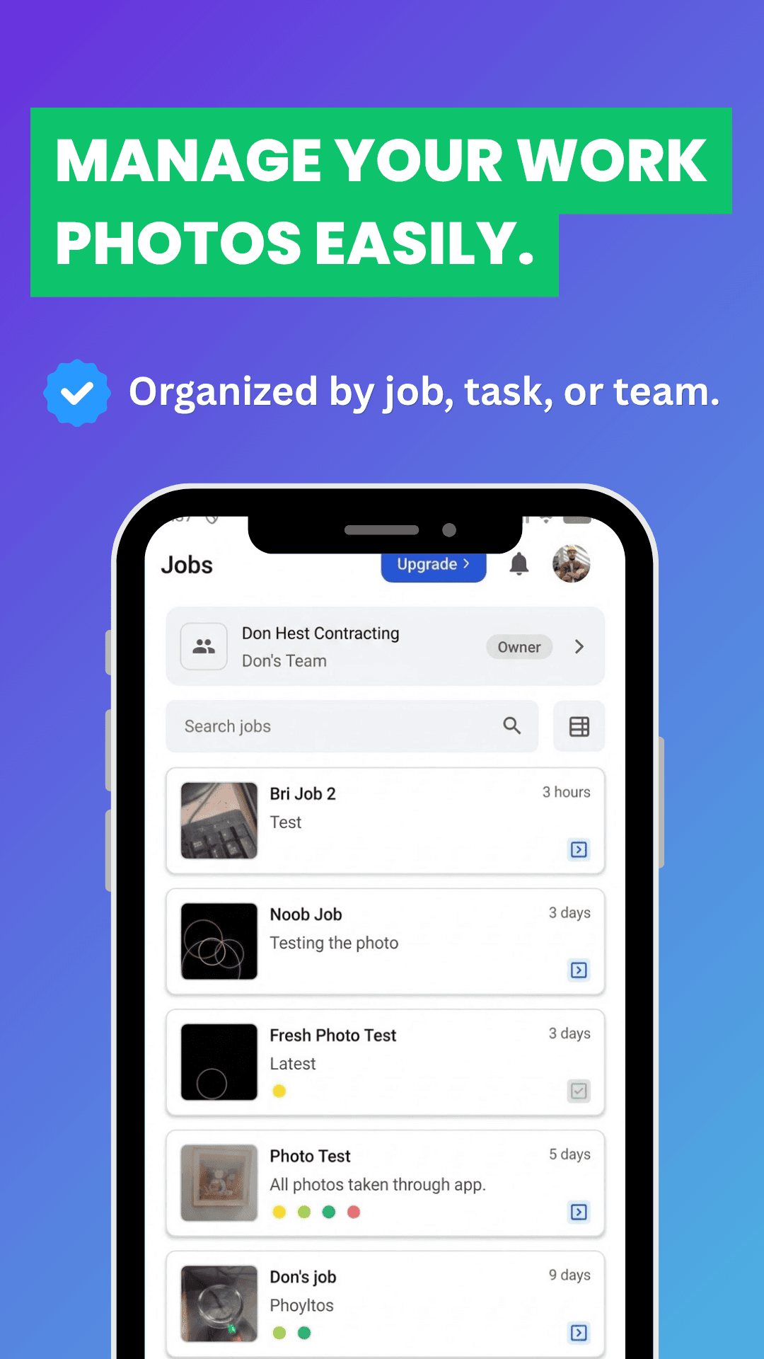 Work Photo Pro app screenshot showing jobs list